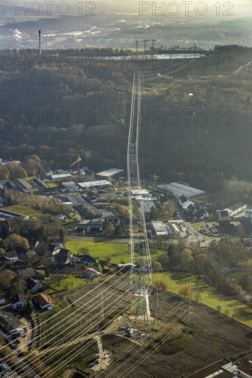 Aerial photo, construction power line Dortmund-Hagen, power pylons, high voltage, Ostend, Herdecke, Ruhr area, North Rhine-Westphalia, Germany, DE, Europe, birds-eyes, view, aerial photo, aerial photography, aerial photography, overview, overview, bird's eye view, power supply, energy, energy supply, power line, controversial power line through residential areas