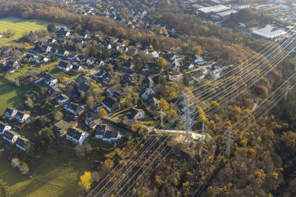 Aerial photo, construction power line Dortmund-Hagen, power pylons, high voltage, Ostend, Herdecke, Ruhr area, North Rhine-Westphalia, Germany, DE, Europe, birds-eyes, view, aerial photo, aerial photography, aerial photography, overview, overview, bird's eye view, power supply, energy, energy supply, power line, controversial power line through residential areas