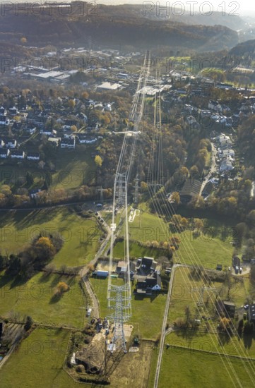 Aerial photo, construction power line Dortmund-Hagen, power pylons, high voltage, Ostend, Herdecke, Ruhr area, North Rhine-Westphalia, Germany, DE, Europe, birds-eyes, view, aerial photo, aerial photography, aerial photography, overview, overview, bird's eye view, power supply, energy, energy supply, power line, controversial power line through residential areas