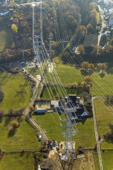 Aerial photo, construction power line Dortmund-Hagen, power pylons, high voltage, Ostend, Herdecke, Ruhr area, North Rhine-Westphalia, Germany, DE, Europe, birds-eyes, view, aerial photo, aerial photography, aerial photography, overview, overview, bird's eye view, power supply, energy, energy supply, power line, controversial power line through residential areas