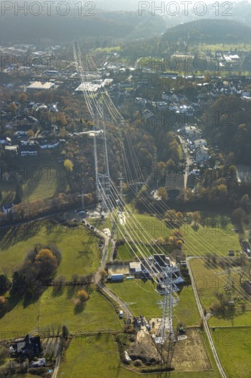 Aerial photo, construction power line Dortmund-Hagen, power pylons, high voltage, Ostend, Herdecke, Ruhr area, North Rhine-Westphalia, Germany, DE, Europe, birds-eyes, view, aerial photo, aerial photography, aerial photography, overview, overview, bird's eye view, power supply, energy, energy supply, power line, controversial power line through residential areas
