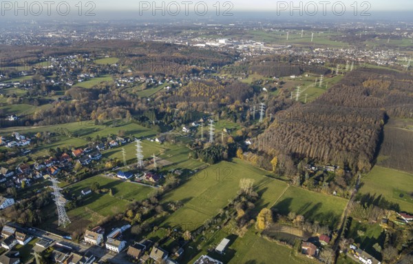 Aerial photo, construction power line Dortmund-Hagen, power pylons, high voltage, Ostend, Herdecke, Ruhr area, North Rhine-Westphalia, Germany, DE, Europe, birds-eyes, view, aerial photo, aerial photography, aerial photography, overview, overview, bird's eye view, power supply, energy, energy supply, power line, controversial power line through residential areas