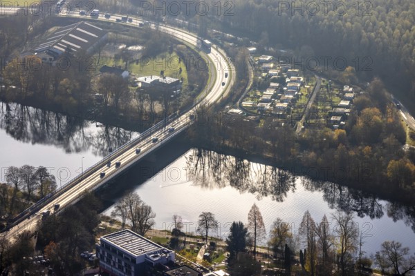 Aerial view, river bridge, federal road B54, Hagener Straße, Ruhr, Ruhr valley, Herdecke, Ruhr area, North Rhine-Westphalia, Germany, DE, Europe, birds-eyes, view, aerial photograph, aerial photography, aerial photography, overview, bird's eye view, B54, transport, traffic, infrastructure, logistics, road traffic