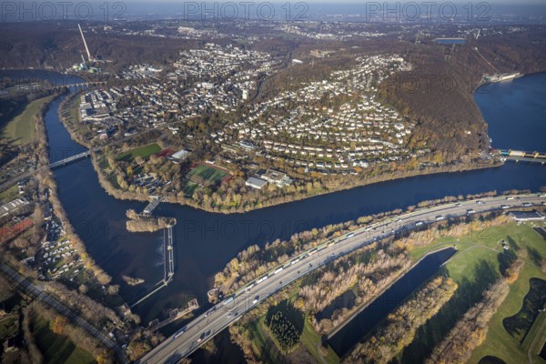 Aerial view, overview Herdecke, Heygsteysee, Harkortsee, Cuno power plant, Köpchenwerk, RWE pumped storage plant, motorway A1, Volmebrücke, Ruhr, Herdecke, Ruhr area, North Rhine-Westphalia, Germany, DE, Europe, birds-eyes, view, aerial photography, aerial photography, aerial photography, overview, overview, bird's eye view, Hengsteysee, motorway, A1, waterway, shipping, transport, logistics, goods movement, ships, waters, water, leisure, swimming, boats, shipping, recreation, traffic, infrastructure, road traffic