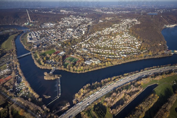 Aerial view, overview Herdecke, Heygsteysee, Harkortsee, Cuno power plant, Köpchenwerk, RWE pumped storage plant, motorway A1, Volmebrücke, Ruhr, Herdecke, Ruhr area, North Rhine-Westphalia, Germany, DE, Europe, birds-eyes, view, aerial photography, aerial photography, aerial photography, overview, overview, bird's eye view, Hengsteysee, motorway, A1, waterway, shipping, transport, logistics, goods movement, ships, waters, water, leisure, swimming, boats, shipping, recreation, traffic, infrastructure, road traffic