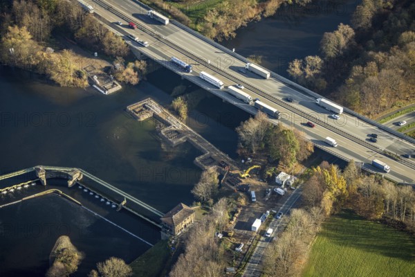 Aerial view, construction site new Volme bridge, motorway A1, Volme bridge, Ruhr, Volme, Boele, Hagen, Ruhr area, North Rhine-Westphalia, Germany, DE, Europe, birds-eyes, view, aerial photograph, aerial photography, aerial photography, overview, overview, bird's eye view, motorway, A1, transport, traffic, infrastructure, logistics, road traffic, waterway, shipping, goods traffic, ships, waters