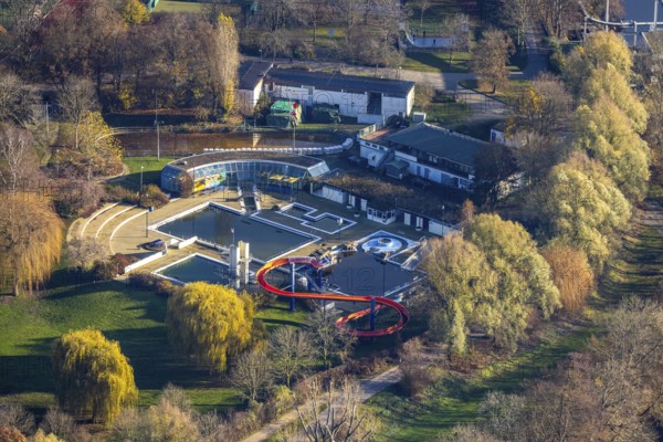 Aerial view, outdoor pool Herdecke, water slide, swimming pool, Herdecke, Ruhr area, North Rhine-Westphalia, Germany, DE, Europe, birds-eyes, view, aerial photography, aerial photography, overview, overview, bird's eye view, leisure, swimming, sport, fitness, water