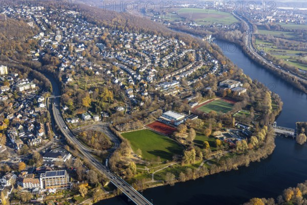 Aerial photo, overview Herdecke, Ruhr, Herdecke, Ruhr area, North Rhine-Westphalia, Germany, DE, Europe, birds-eyes, view, aerial photograph, aerial photography, aerial photography, overview, bird's eye view, waterway, shipping, transport, logistics, goods movement, ships, waters