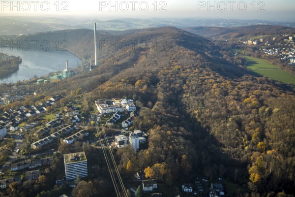 Aerial photo, Cuno power station, Harkortsee, Höhenzug Haarstrang, Herdecke, Ruhr area, North Rhine-Westphalia, Germany, DE, Europe, birds-eyes, view, aerial photograph, aerial photography, aerial photography, overview, bird's eye view, Cuno, power station, energy, wind energy, electricity, power supply, electricity generation, power production, water, leisure, swimming, boats, shipping, ships, recreation