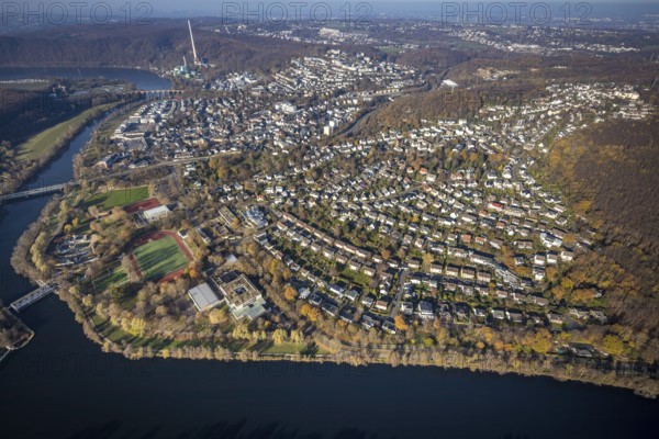 Aerial view, overview Herdecke, Heygsteysee, Harkortsee, Cuno power plant, Köpchenwerk, RWE pumped storage plant, motorway A1, Volmebrücke, Ruhr, Herdecke, Ruhr area, North Rhine-Westphalia, Germany, DE, Europe, birds-eyes, view, aerial photography, aerial photography, aerial photography, overview, overview, bird's eye view, Hengsteysee, motorway, A1, waterway, shipping, transport, logistics, goods movement, ships, waters, water, leisure, swimming, boats, shipping, recreation, traffic, infrastructure, road traffic