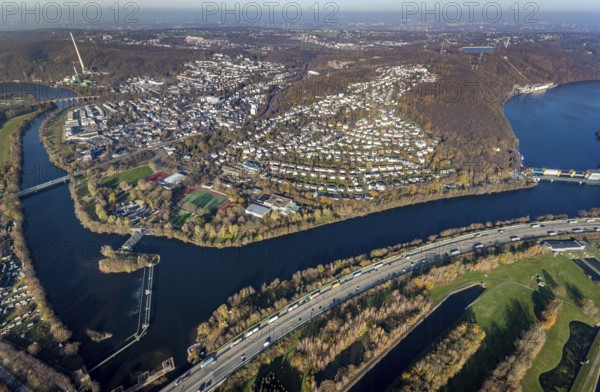Aerial view, overview Herdecke, Heygsteysee, Harkortsee, Cuno power plant, Köpchenwerk, RWE pumped storage plant, motorway A1, Volmebrücke, Ruhr, Herdecke, Ruhr area, North Rhine-Westphalia, Germany, DE, Europe, birds-eyes, view, aerial photography, aerial photography, aerial photography, overview, overview, bird's eye view, Hengsteysee, motorway, A1, waterway, shipping, transport, logistics, goods movement, ships, waters, water, leisure, swimming, boats, shipping, recreation, traffic, infrastructure, road traffic