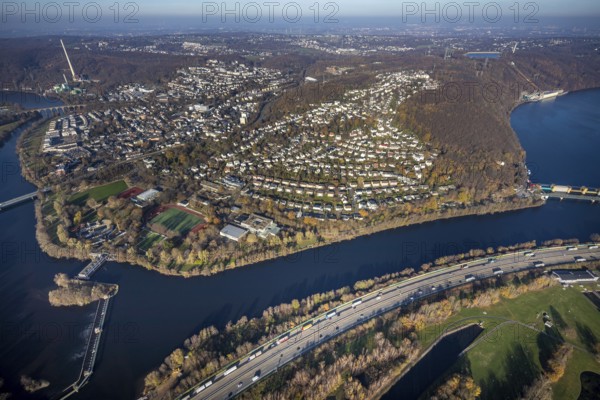 Aerial view, overview Herdecke, Heygsteysee, Harkortsee, Cuno power plant, Köpchenwerk, RWE pumped storage plant, motorway A1, Volmebrücke, Ruhr, Herdecke, Ruhr area, North Rhine-Westphalia, Germany, DE, Europe, birds-eyes, view, aerial photography, aerial photography, aerial photography, overview, overview, bird's eye view, Hengsteysee, motorway, A1, waterway, shipping, transport, logistics, goods movement, ships, waters, water, leisure, swimming, boats, shipping, recreation, traffic, infrastructure, road traffic