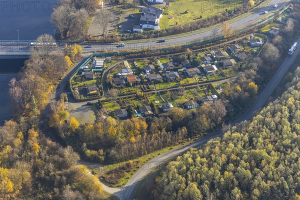 Aerial view, allotment garden association Ruhraue, allotment garden houses, Herdecke, Ruhr area, North Rhine-Westphalia, Germany, DE, Europe, birds-eyes, view, aerial view, aerial photography, aerial photography, overview, bird's eye view, garden, plants, flowers, fruits, useful plants, fruit, vegetables, recreation, leisure, nature