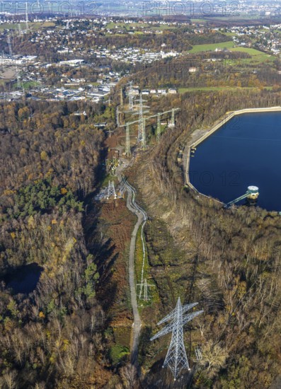 Aerial photo, Köpchenwerk, pumped-storage power station, power pylons, Wittbräucke, Herdecke, Ruhr area, North Rhine-Westphalia, Germany, DE, Europe, birds-eyes, view, aerial photography, aerial photography, overview, overview, bird's-eye view, energy, wind energy, power station, power supply, electricity, power generation, power supply, high-voltage, power supply