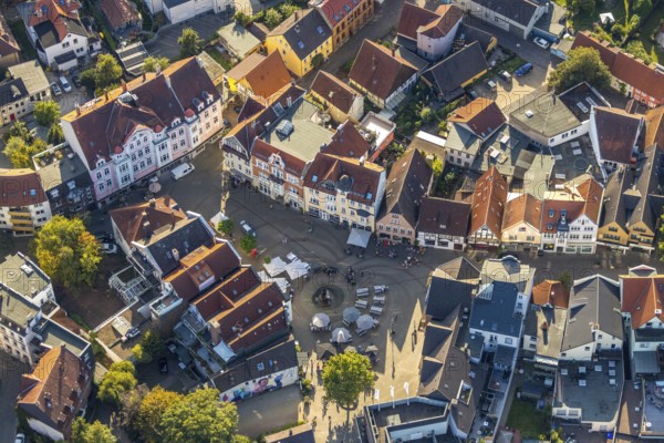 Aerial view, old town, Gänsemarkt with goose fountain, Herford city, Herford, Ostwestfalen-Lippe, OWL, North Rhine-Westphalia, Germany, fountain, DE, Europe, aerial view, aerial photography, aerial photography, market place, OWL book, OWLBuch, Ostwestfalenbuch, overview, bird's-eye view, birds-eyes view, overview