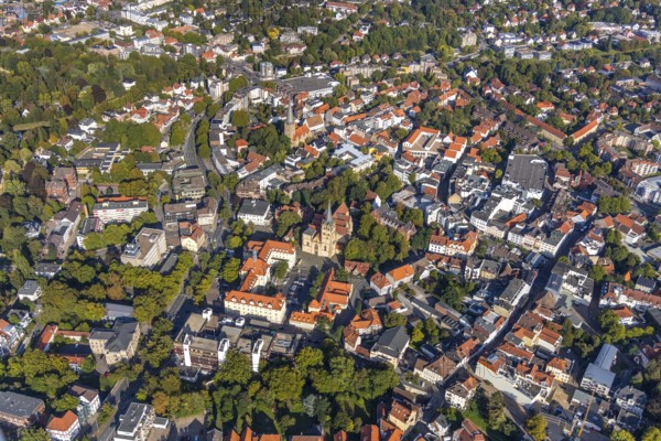 Aerial view, old town, city centre, Herford Minster, town hall, Herford city, Herford, Ostwestfalen-Lippe, OWL, North Rhine-Westphalia, Germany, authority, City, DE, Europe, city centre, aerial view, aerial photography, aerial photography, Münsterkirchplatz, OWL-Buch, OWL-Buch, Ostwestfalenbuch, Rathausplatz, city administration, overview, bird's-eye view, birds-eyes view, overview