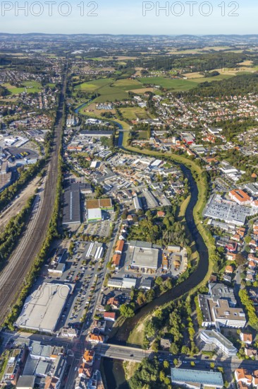 Aerial view, railway tracks, Werre river, Herford city, Herford, Ostwestfalen-Lippe, OWL, North Rhine-Westphalia, Germany, Am Bahnhof, railway station, DE, Deutsche Bahn AG, Europe, commercial enterprises, commercial area, commercial area, commercial park, commercial location, commercial use, industrial area, industrial location, aerial view, aerial photography, aerial photography, OWL book, OWL book, Ostwestfalenbuch, overview, bird's-eye view, birds-eyes view, overview