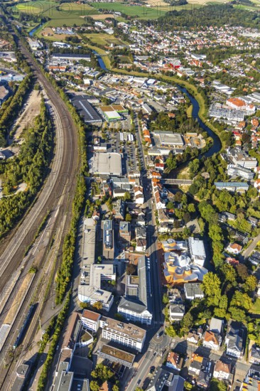 Aerial photograph, Marta Herford Museum, River Werre, Herford railway station, Herford city, Herford, Ostwestfalen-Lippe, OWL, North Rhine-Westphalia, Germany, railway tracks, railway station, DE, Deutsche Bahn AG, Europe, commercial enterprises, commercial area, commercial park, commercial location, commercial use, Goebenstraße, industrial area, industrial location, culture, art, aerial view, aerial photography, aerial photography, museum, museum of art architecture design, OWL book, OWL book, Ostwestfalenbuch, overview, event location, bird's-eye view, birds-eyes view, cultural use, overview