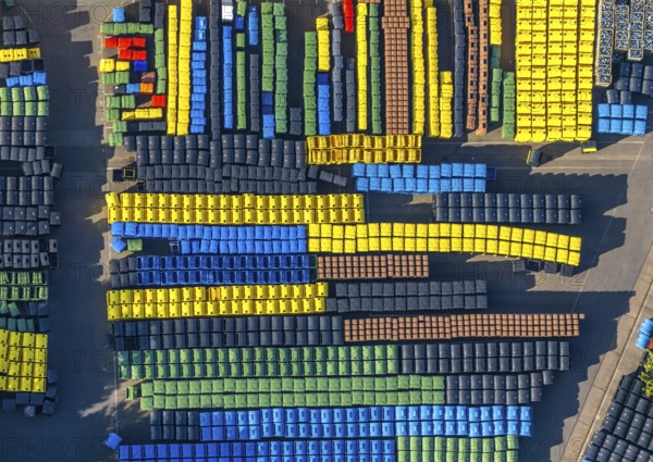 Aerial view, SULO Umwelttechnik GmbH, coloured waste bins, Herford city, Herford, Ostwestfalen-Lippe, OWL, North Rhine-Westphalia, Germany, waste collection systems, waste management, Bünder Straße, DE, Europe, shapes and colours, aerial view, aerial photography, aerial photography, OWL book, OWL book, Ostwestfalenbuch, recycling yard, overview, environmental management, bird's eye view, birds-eyes view, overview