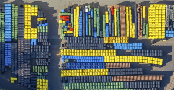 Aerial view, SULO Umwelttechnik GmbH, coloured waste bins, Herford city, Herford, Ostwestfalen-Lippe, OWL, North Rhine-Westphalia, Germany, waste collection systems, waste management, Bünder Straße, DE, Europe, shapes and colours, aerial view, aerial photography, aerial photography, OWL book, OWL book, Ostwestfalenbuch, recycling yard, overview, environmental management, bird's eye view, birds-eyes view, overview