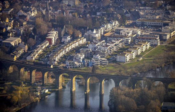 Aerial view, Ruhr viaduct, Ruhr bridge, Ruhr valley, Herdecke, Ruhr area, North Rhine-Westphalia, Germany, DE, Europe, birds-eyes, view, aerial photography, aerial photography, overview, bird's eye view, Ruhr viaduct, waterway, shipping traffic, transport, logistics, goods movement, ships, waters