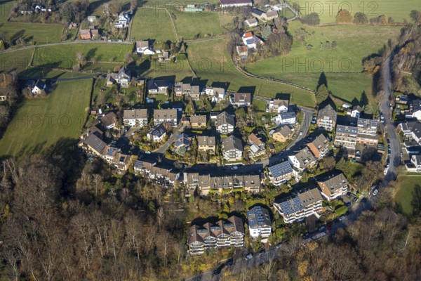 Aerial view, settlement Weg Zum Poethen Altes Feld, Westende, Herdecke, Ruhr area, North Rhine-Westphalia, Germany, DE, Europe, birds-eyes, view, aerial photograph, aerial photography, aerial photography, overview, bird's eye view, living, flat, houses, residential buildings, housing estate, settlement