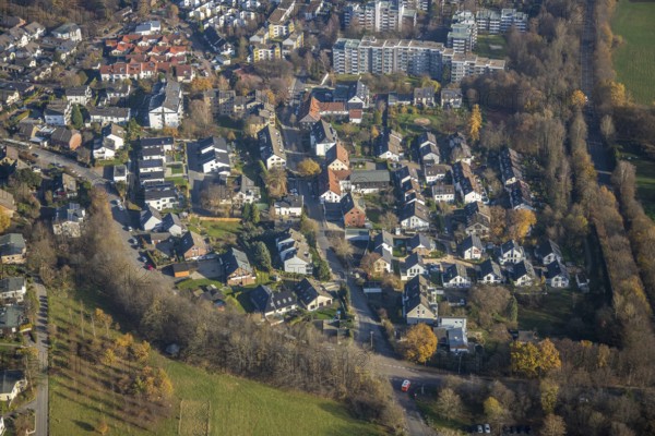 Aerial photo, settlement, Westende, Herdecke, Ruhr area, North Rhine-Westphalia, Germany, DE, Beluga (sturgeon), Europe, birds-eyes, view, aerial photograph, aerial photography, aerial photography, overview, overview, bird's eye view, living, flat, houses, residential buildings, housing estate, settlement