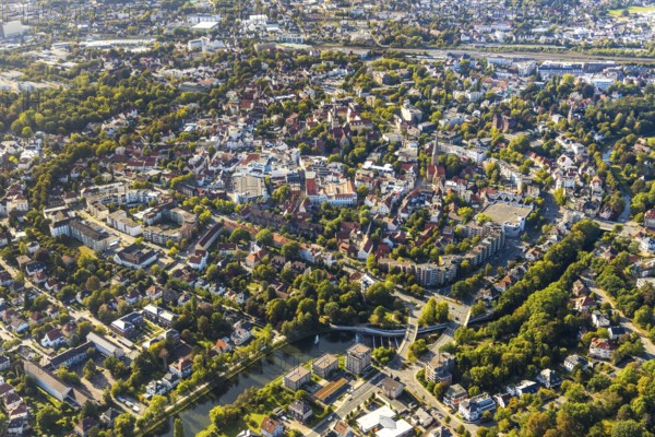 Aerial view, townscape, Herford city, Herford, city wall, Ostwestfalen-Lippe, OWL, North Rhine-Westphalia, Germany, DE, Europe, aerial view, aerial photography, aerial photography, OWL book, OWL book, Ostwestfalenbuch, overview, bird's-eye view, bird's-eye view, overview
