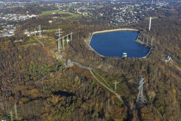 Aerial photo, Köpchenwerk, pumped-storage power station, power pylons, Wittbräucke, Herdecke, Ruhr area, North Rhine-Westphalia, Germany, DE, Europe, birds-eyes, view, aerial photography, aerial photography, overview, overview, bird's-eye view, energy, wind energy, power station, power supply, electricity, power generation, power supply, high-voltage, power supply