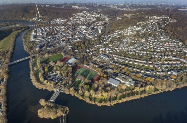 Aerial view, overview Herdecke, Ruhr, Herdecke, Ruhr area, North Rhine-Westphalia, Germany, DE, Europe, birds-eyes, view, aerial photography, aerial photography, aerial photography, overview, bird's eye view, waterway, shipping, transport, logistics, goods movement, ships, waters