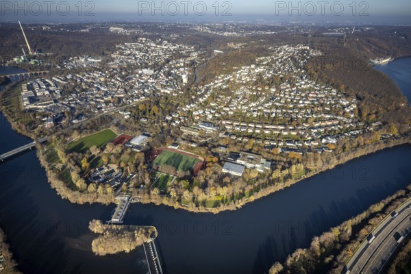 Aerial view, overview Herdecke, Ruhr, Herdecke, Ruhr area, North Rhine-Westphalia, Germany, DE, Europe, birds-eyes, view, aerial photography, aerial photography, aerial photography, overview, bird's eye view, waterway, shipping, transport, logistics, goods movement, ships, waters