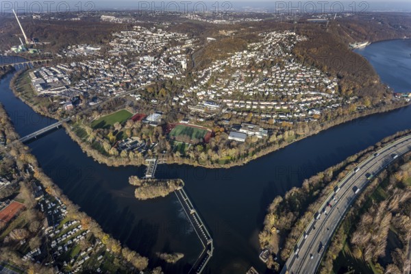 Aerial view, overview Herdecke, Ruhr, motorway A1, Herdecke, Ruhr area, North Rhine-Westphalia, Germany, DE, Europe, birds-eyes, view, aerial photography, aerial photography, overview, bird's eye view, waterway, shipping traffic, transport, logistics, goods movement, ships, waters, Hengsteysee