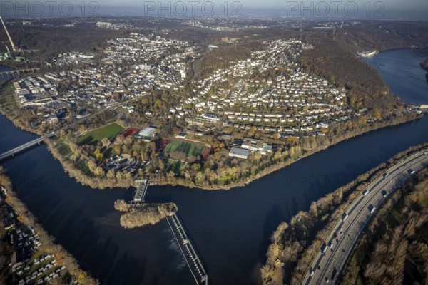 Aerial view, overview Herdecke, Ruhr, Herdecke, Ruhr area, North Rhine-Westphalia, Germany, DE, Europe, birds-eyes, view, aerial photography, aerial photography, aerial photography, overview, bird's eye view, waterway, shipping, transport, logistics, goods movement, ships, waters, Hengsteysee