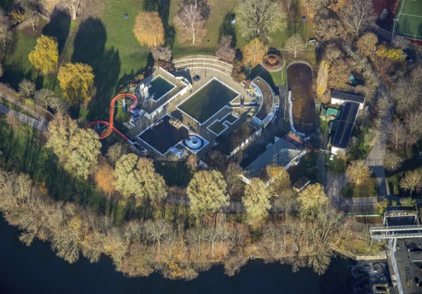 Aerial view, outdoor pool Herdecke, water slide, swimming pool, Herdecke, Ruhr area, North Rhine-Westphalia, Germany, DE, Europe, birds-eyes, view, aerial photography, aerial photography, overview, overview, bird's eye view, leisure, swimming, sport, fitness, water