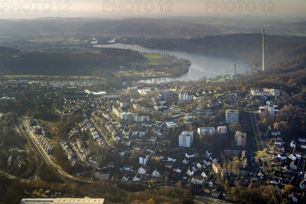 Aerial view, overview Herdecke, Ruhr, Harkortsee, Cuno power plant, Herdecke, Ruhr area, North Rhine-Westphalia, Germany, DE, Europe, birds-eyes, view, aerial photography, aerial photography, overview, bird's eye view, Cuno, power plant, waterway, shipping, transport, logistics, goods movement, ships, waters, water, leisure, swimming, boats, shipping, recreation, energy, wind energy, electricity, power supply, electricity, energy production, power generation