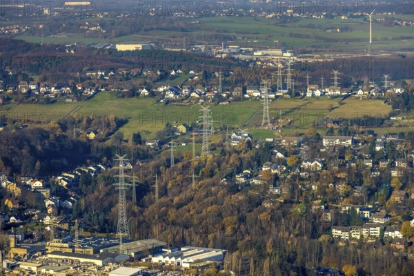 Aerial photo, construction power line Dortmund-Hagen, power pylons, high voltage, Ostend, Herdecke, Ruhr area, North Rhine-Westphalia, Germany, DE, Europe, birds-eyes, view, aerial photo, aerial photography, aerial photography, overview, overview, bird's eye view, power supply, energy, energy supply, power line