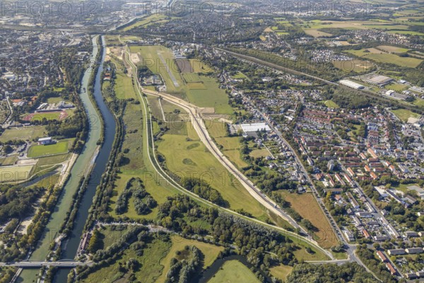 Aerial view, Hamm airfield, Mattenbecke sewage treatment plant, Lippe floodplain, Datteln-Hamm canal, River Lippe, Hamm, Ruhr area, North Rhine-Westphalia, Germany, wastewater treatment plant, wastewater treatment, construction area, construction site, building site, construction project, construction site, DE, Europe, flight emission, airport, aircraft noise, airfield, airfield site, sewage treatment plant, runway, aerial view, aerial photography, aerial photography, Münsterstrasse, runway, overview, bird's-eye view, water treatment plant, water purification plant, birds-eyes view, overview