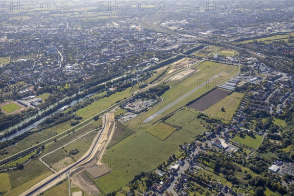 Aerial view, Hamm airfield, Mattenbecke sewage treatment plant, Lippe floodplain, Datteln-Hamm canal, River Lippe, Hamm, Ruhr area, North Rhine-Westphalia, Germany