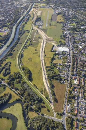 Aerial view, Hamm airfield, Mattenbecke sewage treatment plant, Lippe floodplain, Datteln-Hamm canal, River Lippe, Hamm, Ruhr area, North Rhine-Westphalia, Germany, wastewater treatment plant, wastewater treatment, construction area, construction site, building site, construction project, construction site, DE, Europe, flight emission, airport, aircraft noise, airfield, airfield site, sewage treatment plant, runway, aerial view, aerial photography, aerial photography, Münsterstrasse, runway, overview, bird's-eye view, water treatment plant, water purification plant, birds-eyes view, overview
