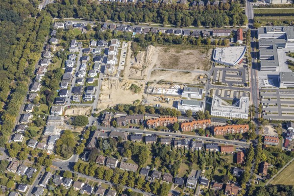 Aerial view, construction area SCI:Q Science Quarter Hamm, Paracelsuspark, Hamm-Lippstadt University of Applied Sciences, Bad Hamm, Hamm, Ruhr area, North Rhine-Westphalia, Germany, construction work, construction, construction area, building site, building plots, construction project, construction site, education, DE, Europe, university, teaching institute, aerial view, aerial photography, aerial photography, Marker Allee, new building, school, Science Quarter Hamm, technology centre, Techpark, overview, bird's-eye view, science quarter, birds-eyes view, overview