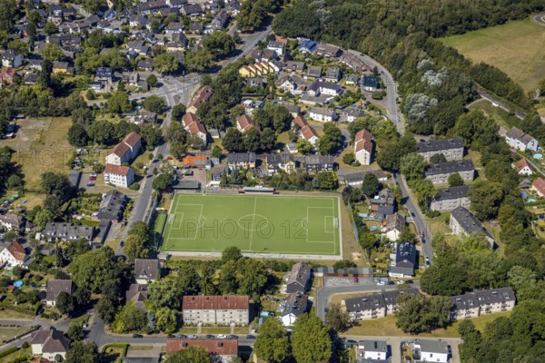 Aerial view, sports ground VfB Herne-Börnig, Herne, Ruhr area, North Rhine-Westphalia, Germany, DE, Europe, football pitch, football stadium, football club, property tax, real estate, aerial view, aerial photography, aerial photography, Rhine-Ruhr metropolitan region, sport, sports facilities, sports ground, sports facility, stadium, overview, bird's eye view, residential complex, living and life, residential area, residential buildings, residential quality, residential neighbourhood, housing estate, birds-eyes view, overview