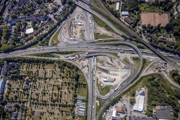 Aerial view, motorway junction Herne, new construction tunnel Baukau from the A43 to the A42, Herne, Ruhr area, North Rhine-Westphalia, Germany, motorway A42, motorway A43, DE, Europe, distant view, aerial view, aerial photography, aerial photography, Rhine-Ruhr metropolitan region, road traffic, overview, traffic volume, bird's-eye view, overview