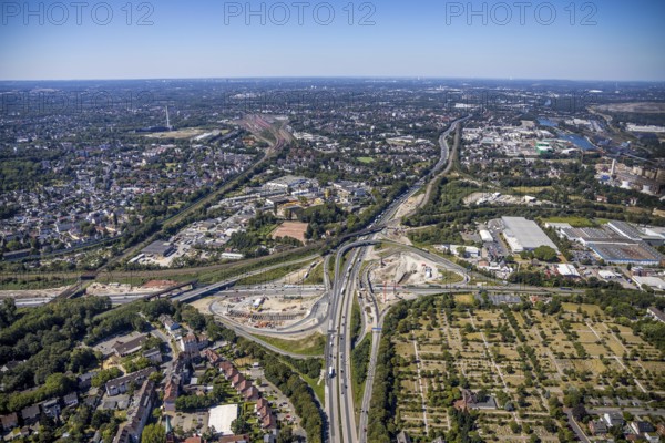 Aerial view, motorway junction Herne, new construction tunnel Baukau from the A43 to the A42, Herne, Ruhr area, North Rhine-Westphalia, Germany, motorway A42, motorway A43, DE, Europe, distant view, aerial view, aerial photography, aerial photography, Rhine-Ruhr metropolitan region, road traffic, overview, traffic volume, bird's-eye view, overview