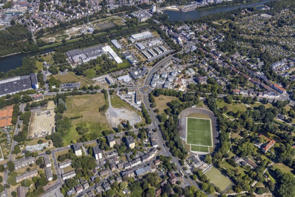 Aerial view, construction site Seniorcampus Herne - Protea wohnen am Schloss, real Arena, Sportclub Westfalia 04 e.V. Herne, Herne, Ruhr area, North Rhine-Westphalia, Germany, retirement home, nursing home, care and nursing, DE, Europe, Forellstraße, football stadium, football club, aerial view, aerial photography, aerial photography, Rhine-Ruhr metropolitan region, care facility, retirement home, retirement residence, retirement home, retirement centre, sports, sports facilities, sports field, sports facility, stadium, overview, bird's-eye view, overview