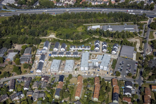 Aerial view, construction site, new housing estate Jürgens Hof, Am Fischergraben, Herne, Ruhr area, North Rhine-Westphalia, Germany, construction work, construction, construction area, building site, building plots, construction project, construction site, DE, Europe, property tax, real estate, aerial photograph, aerial photography, aerial photography, Rhine-Ruhr metropolitan region, new construction, overview, bird's eye view, residential complex, living and living, residential area, residential buildings, residential quality, residential neighbourhood, residential estate, bird's eye view, overview