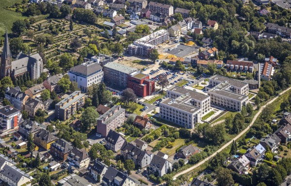 Aerial view, construction site Widumer Höfe, the future retirement home of the St Elisabeth Group, St Peter and Paul Catholic Church, Widumer Strasse Catholic Cemetery, Herne, Ruhr area, North Rhine-Westphalia, Germany. Widumer Straße cemetery, Herne, Ruhr area, North Rhine-Westphalia, Germany, retirement home, retirement home, retirement home, place of worship, construction work, construction, construction area, construction site, construction site, construction project, construction site, burial site, care and nursing, DE, Europe, cemetery, memorial site, religious community, place of worship, house of worship, crypt, graves, burial ground, church, parish, denomination, aerial view, aerial photography, aerial photography, Rhine-Ruhr metropolitan region, new building, care facility, religion, resting place, retirement home, retirement residence, retirement home, retirement centre, overview, bird's-eye view, bird's-eye view, overview