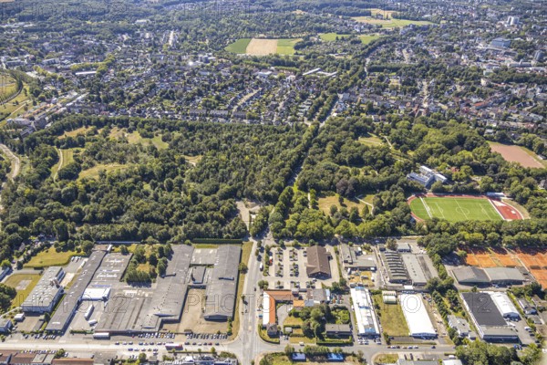 Aerial view, industrial area Am Trimbuschhof, Uhlenbruch public park, Herne city garden, Herne, Ruhr area, North Rhine-Westphalia, Germany, DE, Europe, football stadium, football club, aerial view, aerial photography, aerial photography, Rhine-Ruhr metropolitan region, park, sports, sports facilities, sports field, sports field Schäferstraße I, sports facility, stadium, overview, bird's-eye view, forest area, residential area, birds-eyes view, overview