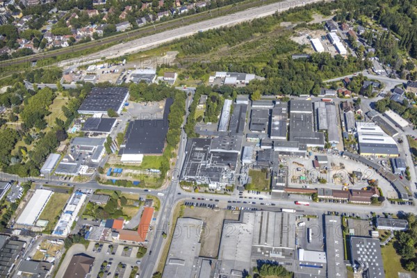 Aerial view, industrial area Am Trimbuschhof, Werkshallenstraße, location for new fire station, Herne, Ruhr area, North Rhine-Westphalia, Germany, fire fighter, fire protection, fire station, DE, Europe, fire station, fire brigade, commercial enterprises, commercial area, commercial location, commercial use, industrial plants, industrial area, industrial location, aerial view, aerial photography, aerial photography, metropolitan region Rhine-Ruhr, rescue station, overview, bird's eye view, birds-eyes view, overview