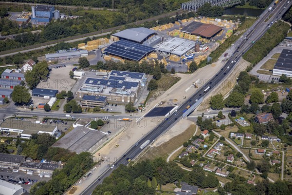 Aerial view, industrial area Baukauer Straße, Herne, Ruhr area, North Rhine-Westphalia, Germany, motorway A43, DE, Europe, commercial enterprises, commercial area, commercial area, commercial location, commercial use, industrial area, industrial location, aerial photography, aerial photography, aerial photography, Rhine-Ruhr metropolitan region, overview, bird's-eye view, bird's-eye view, overview