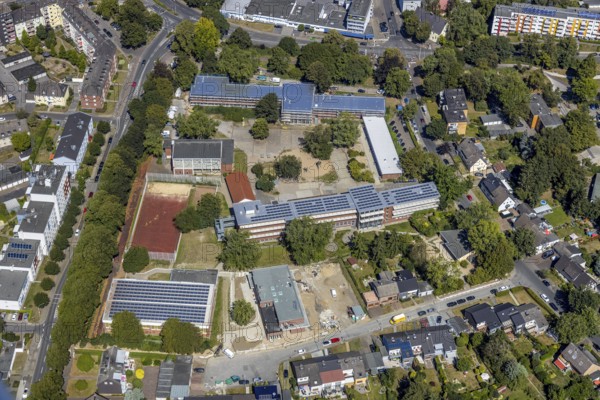 Aerial view, construction site renovation, Kolibri-Schule, sports hall Flottmannstraße, Herne, Ruhr area, North Rhine-Westphalia, Germany, construction work, construction, construction area, building site, building plots, construction measure, construction project, construction site, education, educational institution, DE, Europe, primary school, teaching institute, aerial view, aerial photography, aerial photography, Rhine-Ruhr metropolitan region, school, overview, bird's eye view, overview